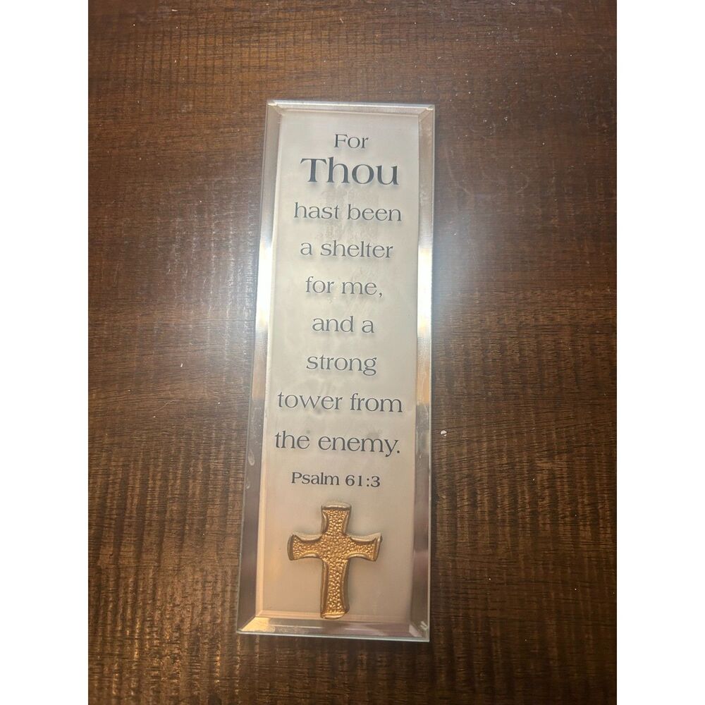 Vintage Mirrored Glass Religious Plaque Psalm 61:3 Cross Wall Decor Tabletop